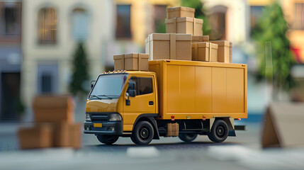 Yellow delivery truck with stacked boxes in urban setting

