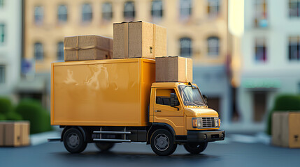Yellow delivery truck with stacked boxes in urban setting


