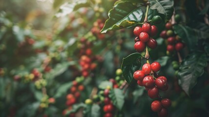 Obraz premium Coffee cherries in red and green hues hanging from a tree branch
