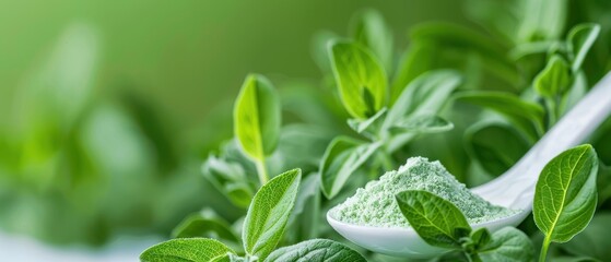 Spoonful of powdered stevia with fresh stevia leaves