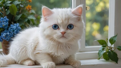 Adorable White Kitten with Blue Eyes Gazing at the Camera