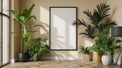 A spacious living room with a large black frame with copy space on a beige wall, flanked by tall indoor plants.