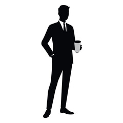 A business man Drink tea or coffee standing pose vector silhouette isolated white background
