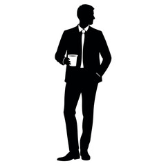 A business man Drink tea or coffee standing pose vector silhouette isolated white background