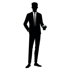 A business man Drink tea or coffee standing pose vector silhouette isolated white background