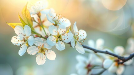 Close up of white flowers on a blooming cherry tree in spring