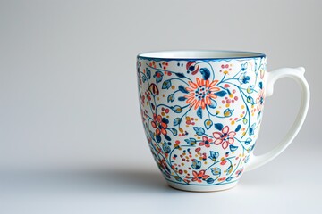 a mug with bright patterns on a white background, suitable for holding tea, coffee, or pure water