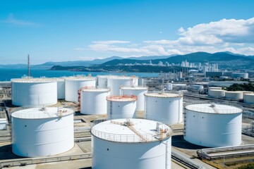 Aerial view oil terminal storage tank, White oil tank storage chemical petroleum petrochemical refinery product at oil terminal, Business commercial trade fuel energy transport by tanker ship vessel