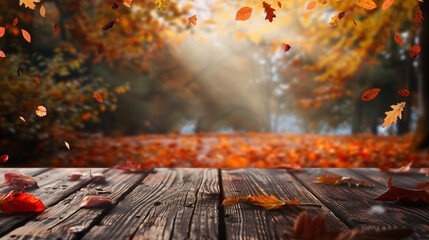 wood table with autumn background with copy space