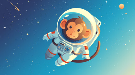illustration of a monkey wearing an astronaut suit floating in space with copy space
