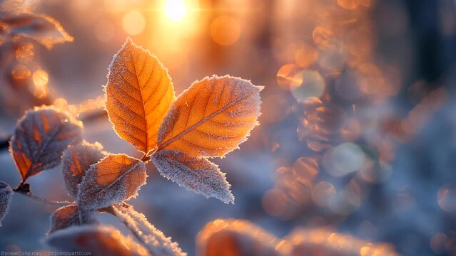 Close-up of frosty leaves glowing in the warm sunrise light, with a soft bokeh background. looping time-lapse video