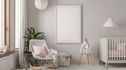 A calming nursery with a pastel pink frame with copy space on a soft grey wall, near a crib and plush rocking chair.