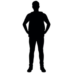 A man with a backpack keeps his hands on the waist vector silhouette