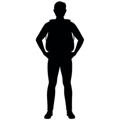 A man with a backpack keeps his hands on the waist vector silhouette