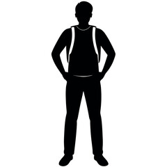Naklejka premium A man with a backpack keeps his hands on the waist vector silhouette