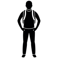 A man with a backpack keeps his hands on the waist vector silhouette