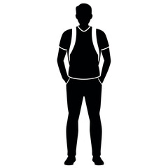 Naklejka premium A man with a backpack keeps his hands on the waist vector silhouette