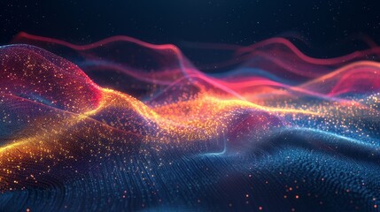 Abstract glowing wave, grainy gradient background, smooth blue, red, yellow transition, black backdrop, noise texture