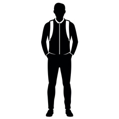 A man with a backpack keeps his hands on the waist vector silhouette