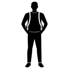 A man with a backpack keeps his hands on the waist vector silhouette