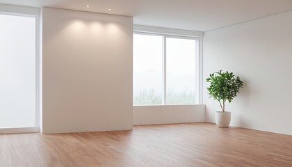 Empty room interior background, beige wall, pot with plant, wooden flooring 3d rendering