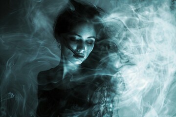 Impressionist portrait of a Gothic woman, her form awash in ghostly white hues and dramatic obsidian shadows.