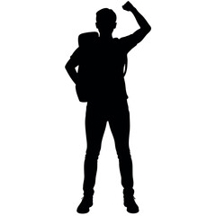 A man with a backpack keeps his hands on the waist. raised one hand high above his head Front view, full face. Isolated vector Silhouette