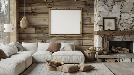 A cozy living room with a rustic wood frame with copy space on a shiplap wall, above a stone fireplace and comfy sofa.