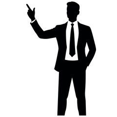 a realistic, smart and stylish businessman with a raised hand displaying something in silhouette