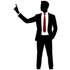 a realistic, smart and stylish businessman with a raised hand displaying something in silhouette