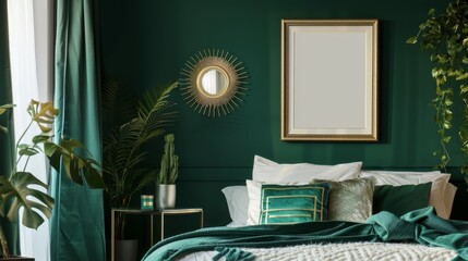 A stylish bedroom with a metallic frame with copy space on a dark green wall, above a bed with luxurious linens.