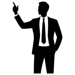 a realistic, smart and stylish businessman with a raised hand displaying something in silhouette