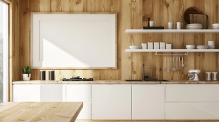 A minimalist kitchen with a white frame with copy space on a light wood wall, near open shelving and stainless steel appliances.