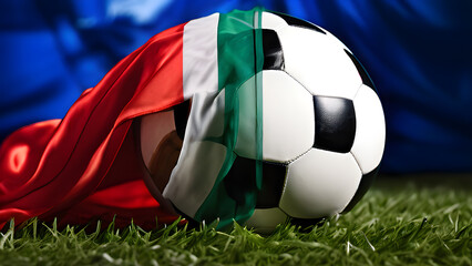 Naklejka premium The symbolic power of success and victory. soccer ball on Italy flag background. Generative Ai.