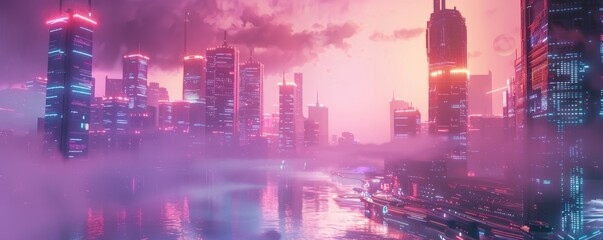 Futuristic cityscape at dusk with neon lights reflecting on water, enveloped in dense fog, under a vibrant, colorful sky.