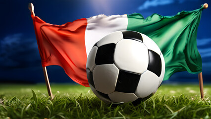 Fototapeta premium The symbolic power of success and victory. soccer ball on Italy flag background. Generative Ai.