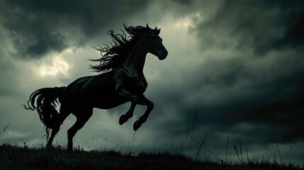 A dark horse rearing on its hind legs in front of a cloudy sky An artistic representation of a small toy horse
