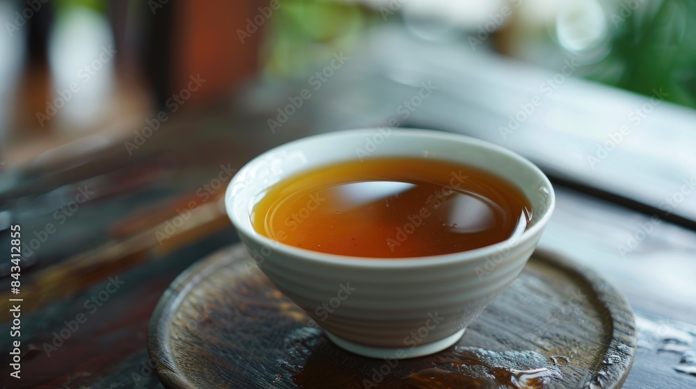 Poster traditional fish sauce from phu quoc fish essence extracted and served in a solitary white bowl