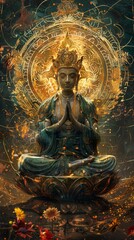 ultra high realistic, hyperrealistic, digital art, one Shakyamuni, realism, at mandala, strong light, fantasy, the whole body,