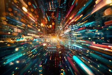 Naklejka premium Witness the awe-inspiring transformation of a holographic magnetar into a dazzling cityscape, captured in a medium shot.