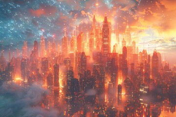Fototapeta premium Witness the awe-inspiring transformation of a holographic magnetar into a dazzling cityscape, captured in a medium shot.