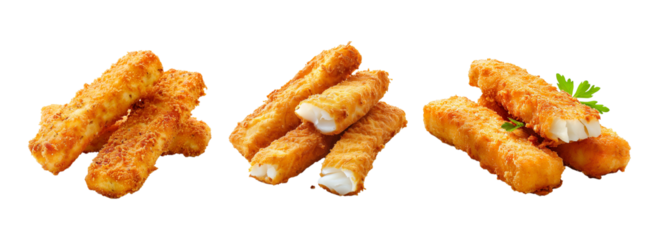 Set breaded fish sticks isolated on white