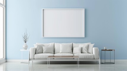 A minimalist living room with a white frame with copy space on a light blue wall, near a low-profile sofa and coffee table.