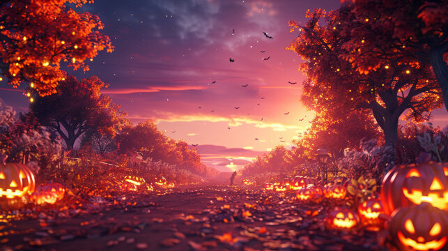 A beautiful autumn landscape with pumpkins and glowing trees, a path leading to the horizon, with flying birds in the sky, orange and pink sunset colors,  fantasy, halloween atmosphere.