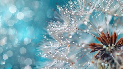 Obraz premium Dandelion Seeds in droplets of water on blue and turquoise beautiful background with soft focus in nature macro. Drops of dew sparkle on dandelion in rays of light.