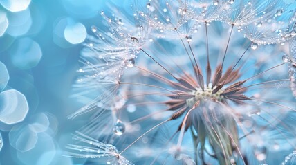 Dandelion Seeds in droplets of water on blue and turquoise beautiful background with soft focus in nature macro. Drops of dew sparkle on dandelion in rays of light.