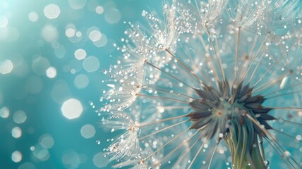 Dandelion Seeds in droplets of water on blue and turquoise beautiful background with soft focus in nature macro. Drops of dew sparkle on dandelion in rays of light.