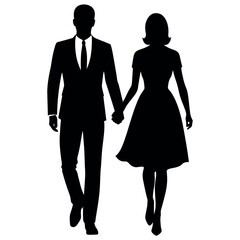 Couples man and woman are walking with holding hands each other vector silhouette
