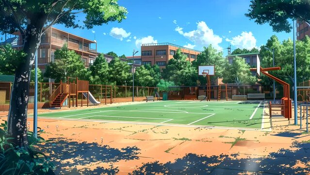 Schoolyard field in sunny summer, back to school concept. seamless looping time-lapse animation background