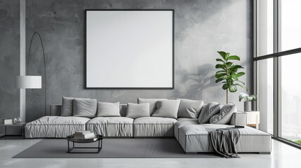 A contemporary living space with a large black-and-white frame with copy space on a grey wall, near a sectional sofa and modern decor.